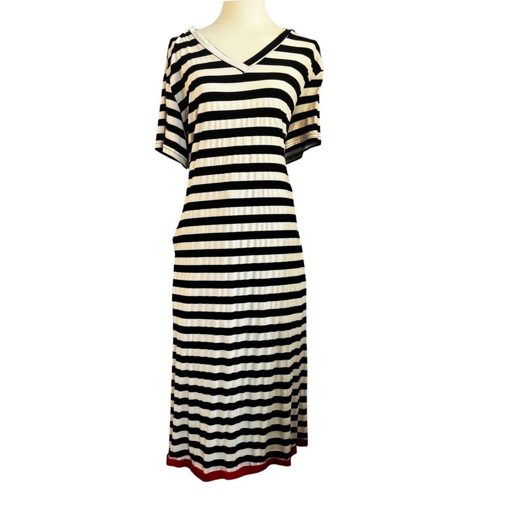 Nautical Women Black White Striped Maxi Dress Red Trim Pocket 2XL Coastal Resort